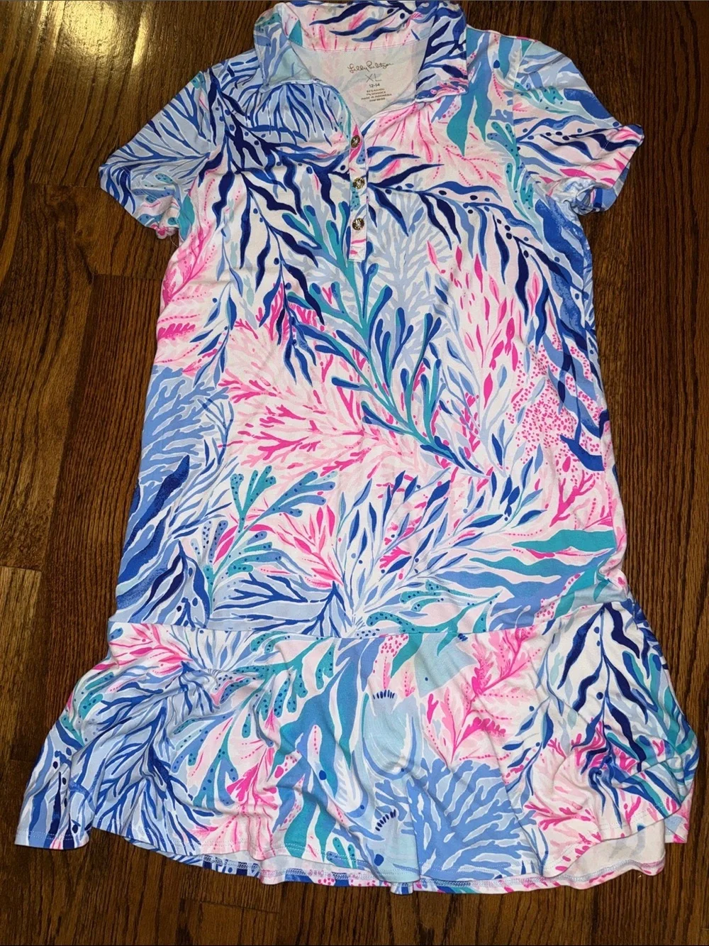 Lilly Pulitzer Mini Sadie Polo Crew Blue Tint Kaleidoscope Coral x-Large (12-14)
